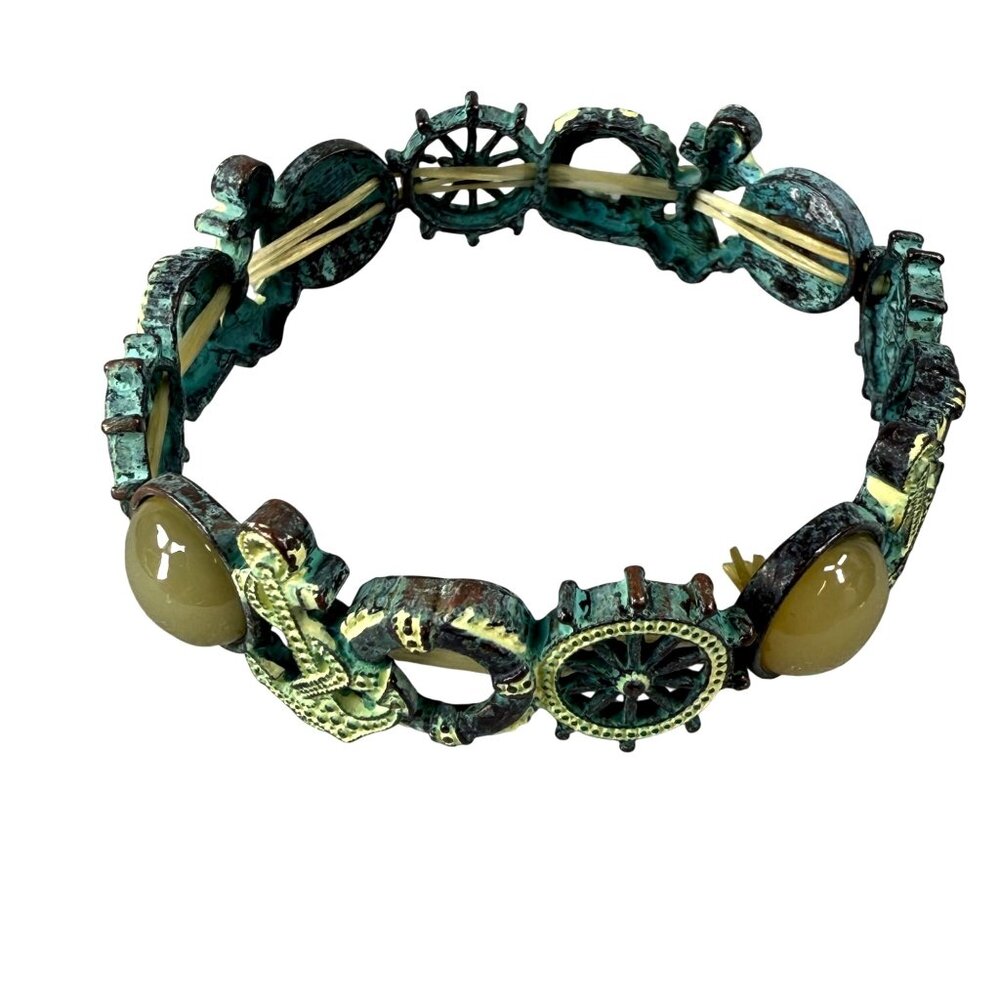 Nautical-Themed Stretch Bracelet Aged Patina Finish Tan Green Accents Distressed